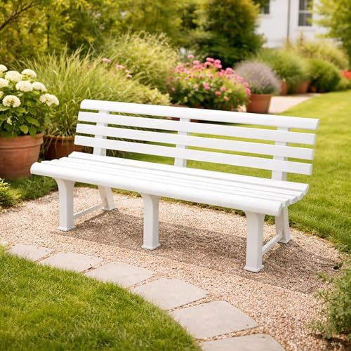 Dmora - Panchina da esterno Pomezia, Panca monoblocco da giardino, Panchina outdoor, 100% Made in Italy, 145x49h74 cm, Bianco