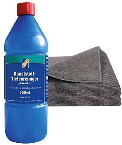 TECHNOLIT Kunststoff-Tiefenreiniger silikonölfrei 1 Liter inkl. 2x Microfasertuch Micro Star - Gummireiniger, Fahrzeugreiniger, Kunststoffpflege, Gummipflege