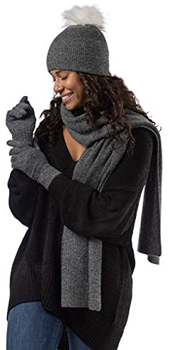 Fishers Finery Damen 3-teiliges Set aus 100 % Kaschmir, Beanie-Mütze, Handschuh und Schal, mit Geschenkbox, Meliert, grau, Einheitsgröße