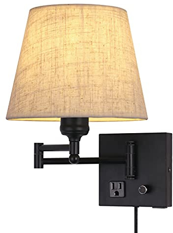 Bedside Wall Mount Light with Dimmable Switch and Outlet, Swing Arm Fabric Shade Wall Sconce Light with USB Port and Plug in Cord, Black Wall Lamp for Bedroom, Living Room and Hotel