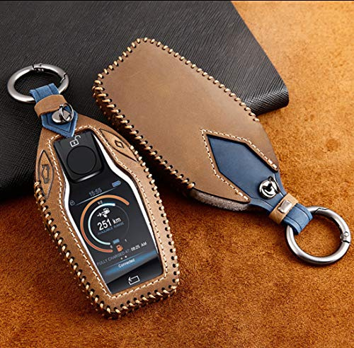 HIBEYO Car Key Cover Compatible with BMW 7 Series 740i 750Li 750D 760Li Display Car Key Leather Key Fob Cover Case Smart Remote Replacement Full Protection Shell Holder Keyless Entry Keychain-blue