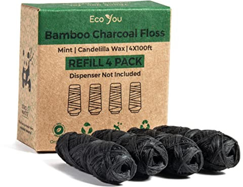 EcoYou Eco Floss Charcoal Dental Floss Refills | Mint & Candelilla Wax Biodegradable Floss (Black 4 Refills Only)