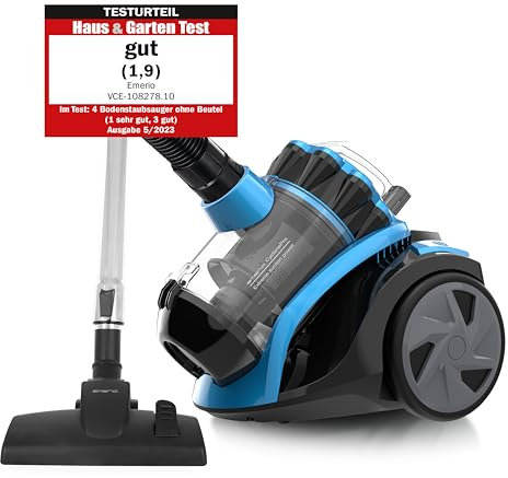 Emerio ECO Zyklon Aspirapolvere 900 Watt potenza 2,0 litri contenitore polvere 7 m raggio d'azione filtro HEPA CyclonePro piccolo e maneggevole tubo telescopico in metallo con bocchetta a lancia,