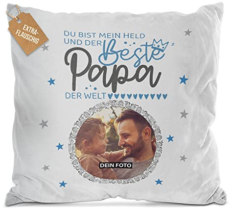 Print Royal PR Flauschiges Kissen mit Foto selbst gestalten - Papa du bist Mein Held - Geschenke für Papa von Kindern, Papa Geschenkideen | Fotokissen inkl. Füllung, Weiß, 40 x 40 cm