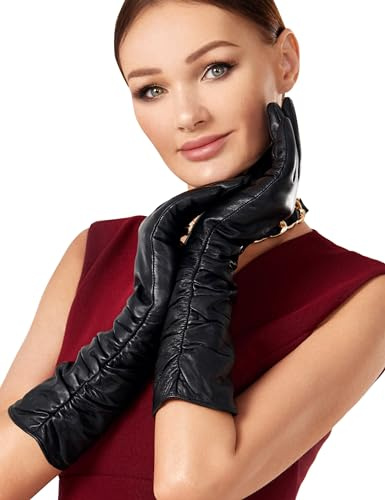 VIKIDEER Luxuriöse lange Lederhandschuhe für Damen, Plüschfutter, Touchscreen, warm, weich, für Abendoper oder den Alltag