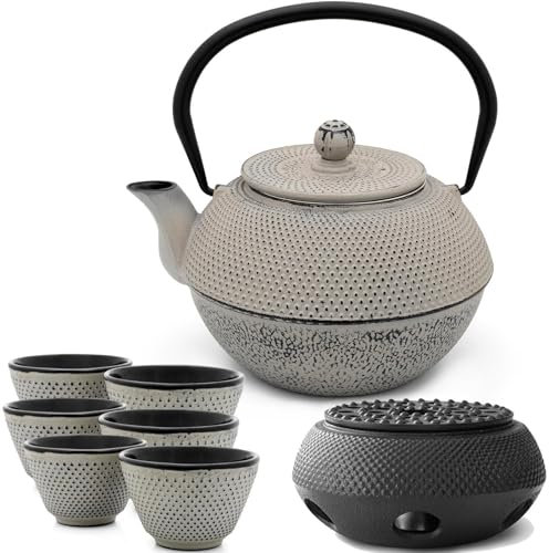 Bredemeijer Asia Teekanne Gusseisen Set 1.1 Liter - grauer Teekessel & Edelstahl Tee-Filter Sieb-Einsatz für losen Tee & Teebecher (6 Tassen) & Stövchen