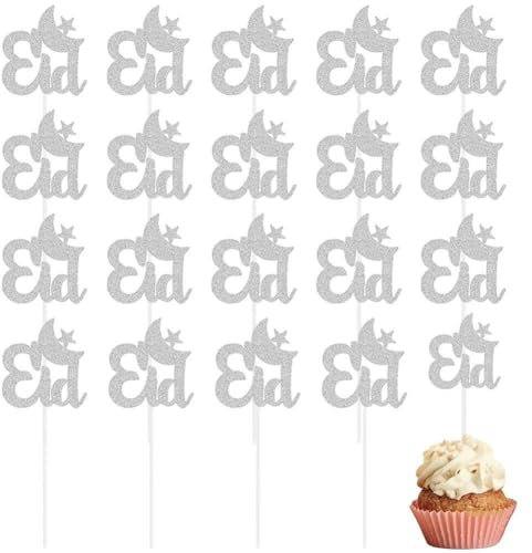 Sanfly Eid Mubarak Cupcake Toppers 20pcs Glitter Star Moon Ramadan Kareem Cupcake Toppers Cake Topper for Eid Party Muffin Cake Decor