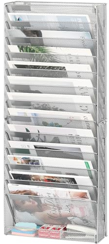Solinxe Porte Documents Mural 14 Compartiments en Métal - Organisateur de Bureau Porte Revues avec Support A4 pour Papiers, Courrier, Fichiers - Bannette de Rangement, Argenté (Bureau, École, Maison)