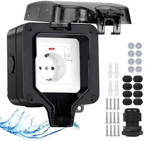 Upgrade Aussensteckdose Wasserdichte Steckdose IP66 mit Schalter Kontrollleuchte,Anthrazit Außensteckdose Aufputz Wetterfest Outdoor Steckdose Gartensteckdose aussen Abschliessbar Klappdeckel-1 Fach
