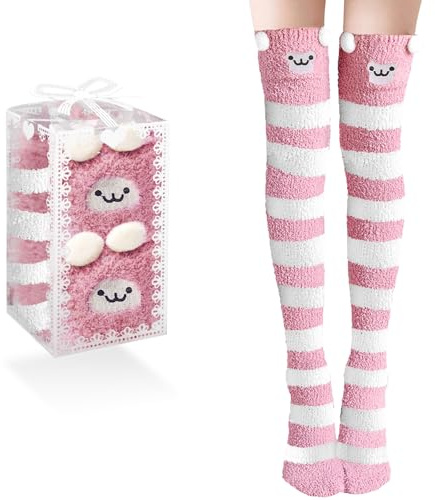 1 Paia Calzini da Ginocchio, Donna Lunghi Calzini, Calze Termiche Lunghe Sino, Calze al Ginocchio Sopra il, con Scatola Regalo Trasparente, Taglia Unica(Rosa Bianco)