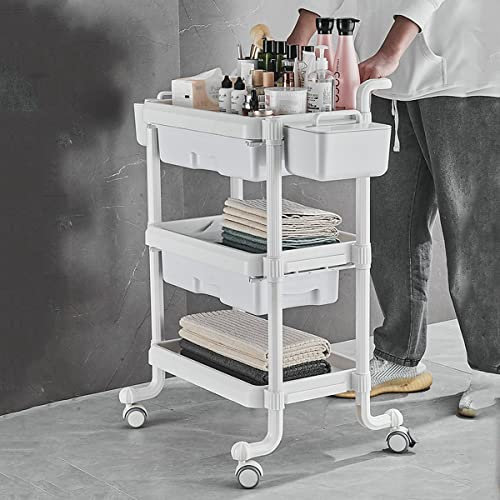 BTZHY Wagen Servierwagen aus Kunststoff, Multifunktionswagen mit Griff, 3-stufiger Kosmetikwagen mit Aufbewahrungsbox, Richtungsrollen (weiß, 2 Schubladen)