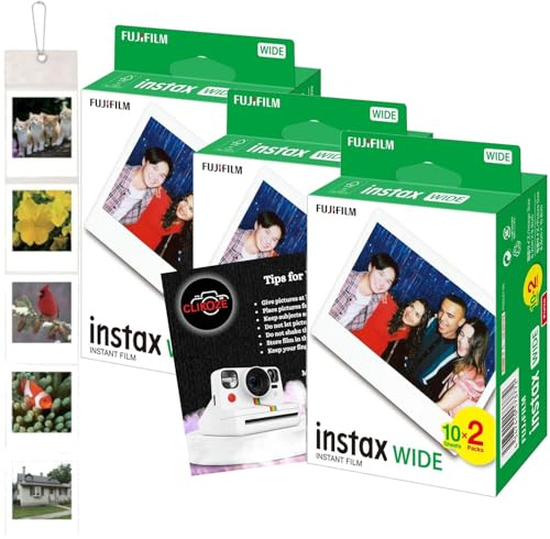 Clikoze Set di pellicole per fotocamera istantanea con 60 foto Fujifilm Wide Film, album fotografico da appendere alla parete e scheda di suggerimenti per fotografia istantanea