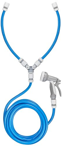 Dog Shower Hot Cold Valve Water Hose Pipe 5m with Gun Blue Pet Grooming Bath