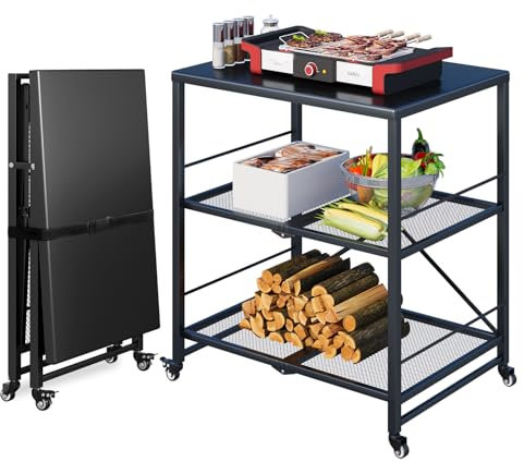 UNIONLINE Foldable Stainless Pizza Oven Table,3-Tier Outdoor Grill Cart Trolley on Wheels, Garden Dining Cart Movable BBQ Stand Black