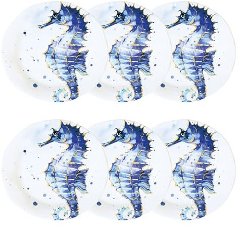 UPware Indigo Seahorse Melamine Salad Plate Set, Round Plates for Risotto, Pasta, and Salad, BPA-Free, Dishwasher Safe, Blue, 9 Inch, Set of 6