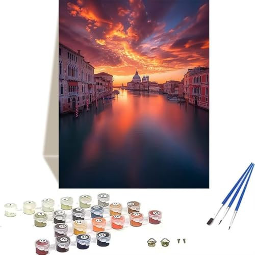 Malen Nach Zahlen Erwachsene Venedig, Paint by Numbers, Malen Nach Zahlen Kinder DIY Sonnenuntergang mit Pinseln und Acrylfarben Handgemalt Ölgemälde Leinwand für Home Decor, Ohne Rahmen 60x80cm 0-T