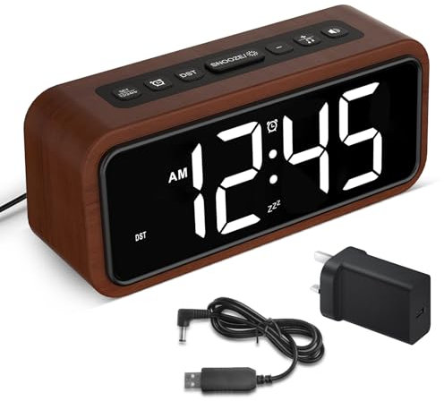 Netzu Loud Alarm Clocks Bedside, Wooden Alarm Clock with 12 Alarm Sounds, 5 Volumes, 5 Brightness, LED Display, Snooze, Manual DST, Loud Alarm Clocks for Bedroom Living Room, Mains Powered