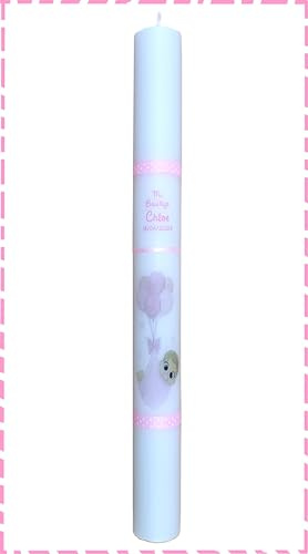 Vela o Cirio Grueso para Bautizos de Niño o Niña decorado con cinta topos azul Medida 4x40cm (ROSA)