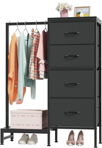 OYRREU Cómoda para Dormitorio con 4 Cajones De Tela Y Barra Colgante | Cajonera Estrecha Multifunción De 111 Cm | Mueble para Salón, Habitación Infantil O Pasillo | Madera Rústica Negro