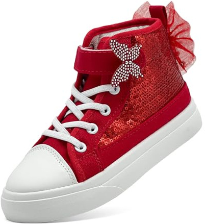 sharllen Girls Trainers Kids High Top Canvas Shoes Glitter Sequins Bowknot Pumps Easy Fasten Lightweight Casual Sneakers(Red 213)