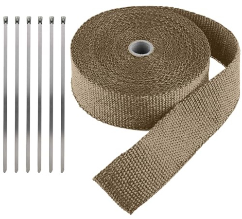 LKRXW Hitzeschutzband Auspuffband Glasfaser Auspuff Isolierband Motorrad Auspuffkrümmer Band Hitzeschild Thermoband Krümmerband Wickelband Titan 5CM x 10M mit 6 Kabelbinder