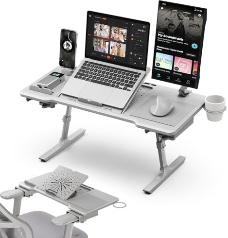 Newtral Plateau de lit pour ordinateur portable, réglable en hauteur et angle avec porte-gobelet, tapis de souris, support pour ordinateur portable pour jeux, travail, canapé et chaises de bureau