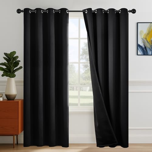 Deconovo 100% Verdunklungsvorhänge Vorhang Blickdicht Vorhänge mit Ösen Gardinen Wohnzimmer Thermovorhänge gegen Hitze Wärmeschutz Curtains Schallschutz, H270 x B140 cm, Schwarz, 2er Set