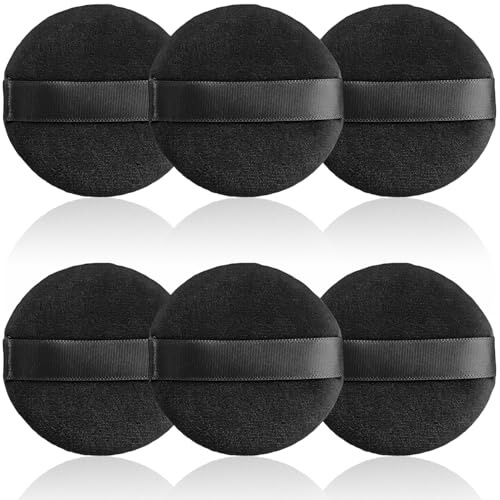 6 borlas para polvos, suaves y redondas, fijadoras para polvos sueltos de 6 cm, esponjas de maquillaje para rostro y cuerpo (negras)