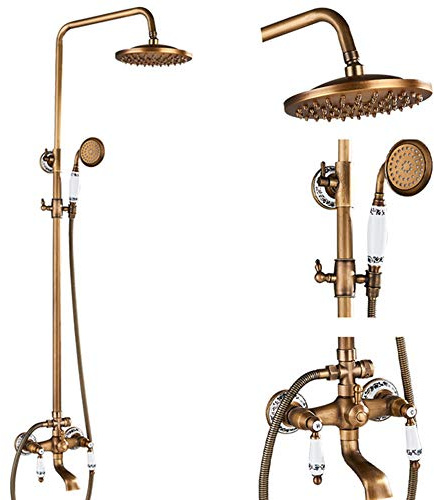 Antique Brass Shower System With Hot And Cold Water Wall Mounted Shower Faucet Set Multifunction Ceramic Handle Shower Combo Set With Shower Head, Handheld Shower, Bathtub Faucet