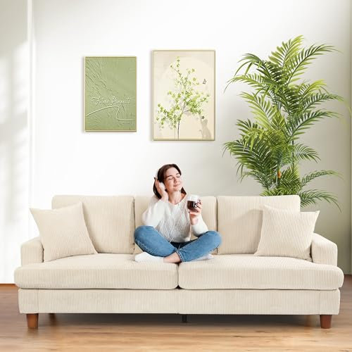 Domusensus 3 Sitzer Sofa Big, 221CM Cord Sofa Wohnzimmer Werkzeugfreie Montage, Schlafzimmer Sofas 53CM Extra Tiefe Sitze, Bequemes Couch mit 2 Kissen, Modernes Couch fürs Büro, Big Sofa Couch Beige