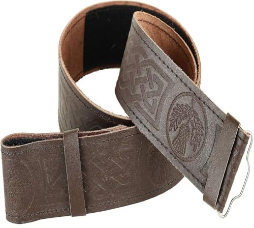 Scottish Celtic Leather Kilt Belt, Brown, Embossed Masonic, Thistle and Lion Rampant Design (Thistle, L (37–42))