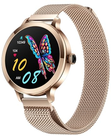 Thafikzi Montres Connectées Femme avec Tension Artérielle/Réponse aux Appels/Rythme Cardiaque/Pas/Sommeil/Multisports/Étanche IP68, Tracker Fitness 1,19 pour iOS Android (Doré)