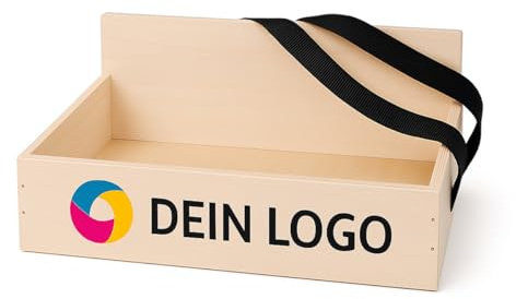 Bauchladen personalisiert mit Logo – Holz Bauchladen individuell bedruckt – DTF Druck in allen Farben – Verkaufskiste für JGA, Hochzeit, Party & Events – robuste tragbare Holzbox mit Gurten