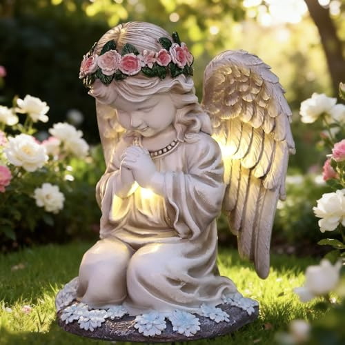 RNPKZ Statue du Jardin des Anges, Lumière Solaire d'ange Priant, Sculpture Ange Gardien avec Lampe LED Solaire, Auto-on, Résistant Aux Intempéries pour Patio, Porche, Cour, Balcon, Cimetière, Tombe