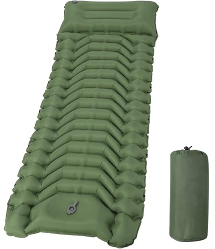 HAUSPROFI Materassino da campeggio, ultraleggero da campeggio con pompa a pedale e cuscino, materasso gonfiabile, compatto e leggero, tappetino da campeggio per escursioni, spiaggia, all'aperto, verde