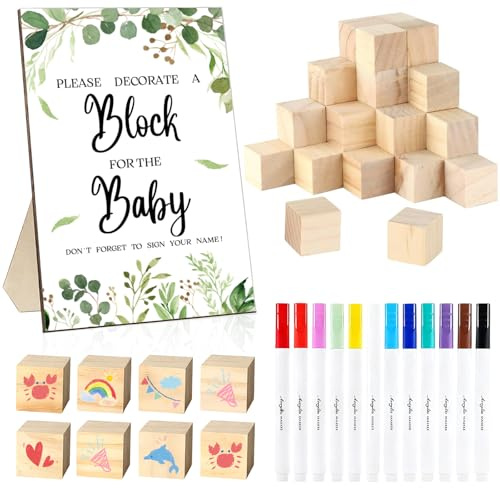 THUVIN Babyparty Spiele, 43 Stück Baby Party Spiele mit 1 Holzschild, 30 blanko Blöcken, 12 Farbstiften, Babyparty Dekoration, Gender Reveal Party Aktivität für Gäste