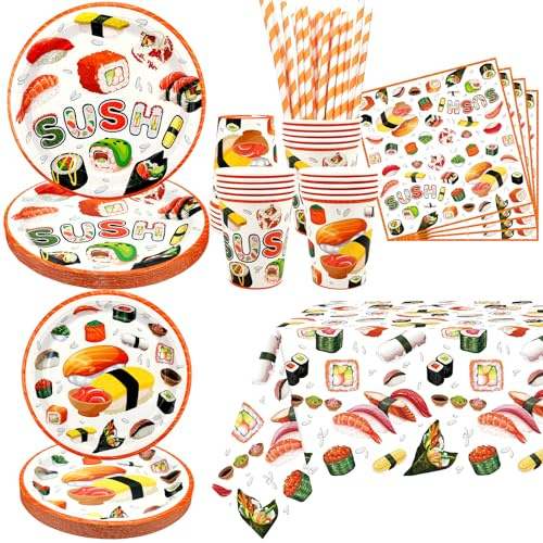Sushi Birthday Party Decorations,Including Plates, Cups, Napkins, Tablecloth, Straws,for Sushi Themed Party Supplies