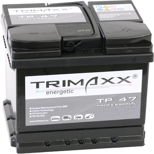 TRIMAXX Autobatterie 47Ah 12V 450A/EN mehr Startkraft Starterbatterie ersetzt 44Ah 45Ah 46Ah 47Ah 50Ah 40Ah, PKW