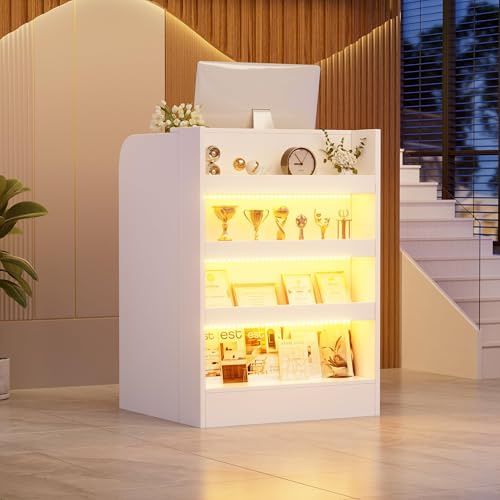 MSFE Comptoir Accueil avec LED Compact Meuble C-omptoir de Réception avec Tiroirs Verrouillables et étagère D'exposition Comptoir Caisse Salon de Coiffure,Bureau,Boutique, 60x60x95cm