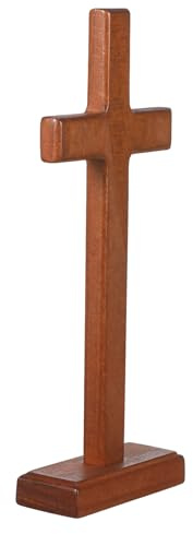 GARVALON Cruz Cristiana de Madera de Haya de 22 Cm Soporte, Decoración Religiosa de Sobremesa para Hogar, Iglesia o Bautizo, Cruz de Pie Artística y Pulida, Adorno Cristiano Robusto