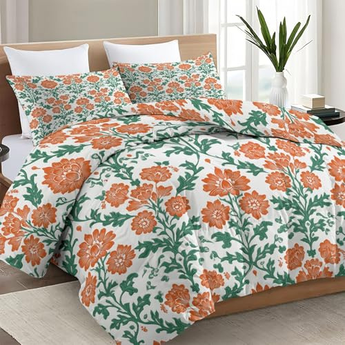 Vintage Bettdecke 4-Jahreszeiten 135 x 200 cm – Wende Blumen Waschbare Bettdecke ohne Bezug, William Morris Blätter Orange Ranken Design, Mikrofaser Ganzjahresdecke Steppdecke mit 2 Kissenbezug, Grün