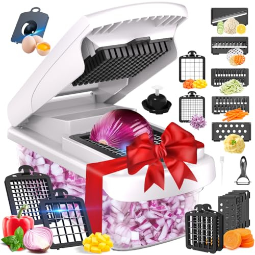 YKNIUFLY Coupe Légumes Multifonctions et Mandoline 15 en 1, coupe-cubes julienne, coupe-oignons salade, râpe légumes fromage avec bac, pour pommes de terre concombre fruit, accessoire cuisine.