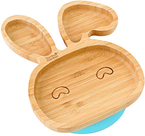 bamboo bamboo Baby Teller Kinderteller, Kindergeschirr mit Saugnapf, Sugnapf Teller Baby ab 6 Monaten (Hase, Blau)