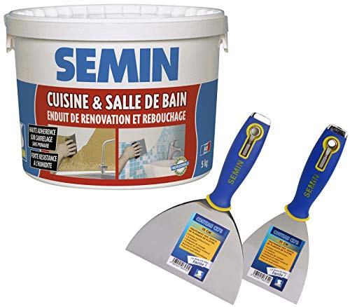 Semin - Enduit de Rebouchage et Rénovation - Spécial Cuisine et Salle de Bains - Seau de 5 kg, Couteau à Enduire Multifonctions - 10 cm et Couteau à Enduire - 15 cm