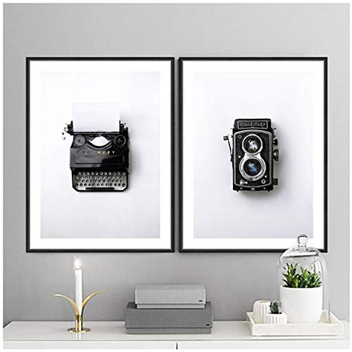 XIANGPEIFBH Retro Style Home Decor Poster Schwarz und Weiß Schreibmaschine Kamera Stillleben Leinwand Malerei Moderne Wandkunst Bild-50x70 cm Kein Rahmen