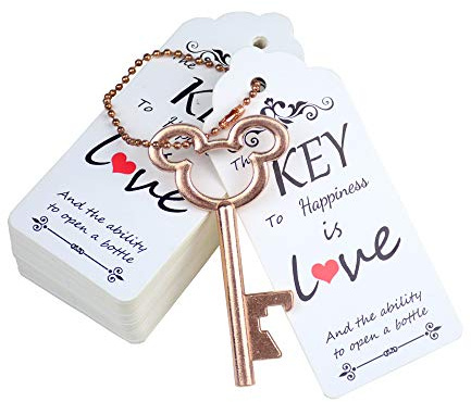 Aokbean 52 apribottiglie con chiave a scheletro vintage con etichetta di ringraziamento e portachiavi per feste di nozze, bomboniere, kit souvenir per ospiti (oro rosa)