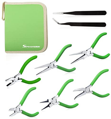 SPEEDWOX 6Pcs Mini Pliers Set with Case Include Flat Nose Pliers Round Nose Pliers Bent Nose Pliers Diagonal Pliers Lineman's Pliers Needle Nose Pliers with 2 Tweezers for Making Crafts, Repairing