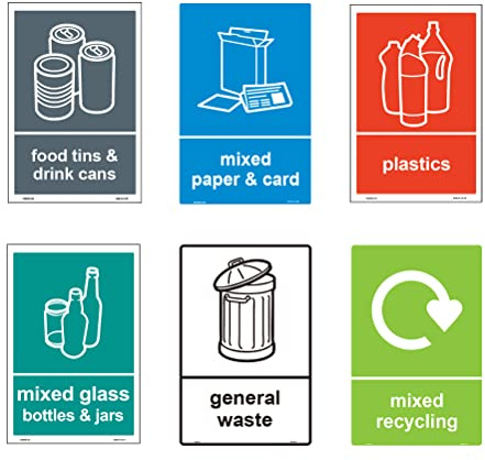 Haobase 6 Pcs Recycling Sorting Sticker Signs - Set of 6 Stickers - Self Adhesive Vinyl (12.5cm x 8cm)