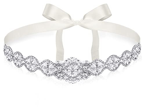 Geosar Crystal Wedding Sash Belt Bridal Handcrafted Dress Applique Handmade Bridal Belts with Rhinestones Jeweled for Bride Bridesmaid Women Wedding Party Prom(Beige, Silver)