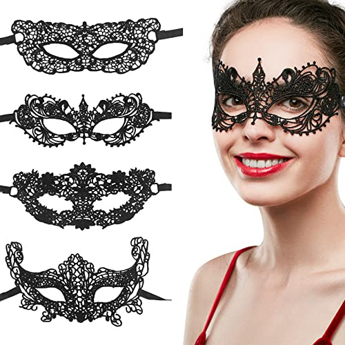 Cerioll Venezianische Damen Spitze Maske, Sexy Masquerade 4 PCS Schwarz Fashion Augenmaske für Fasching, Masquerade, Halloween, Karneval, Cosplay, Gothic Gesichtsmaske